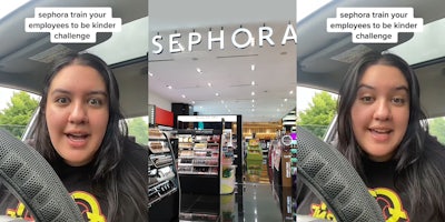woman speaking in car caption 'sephora train your employees to be kinder challenge' (l) Sephora interior with 'SEPHORA' sign (c) woman speaking in car caption 'sephora train your employees to be kinder challenge' (r)