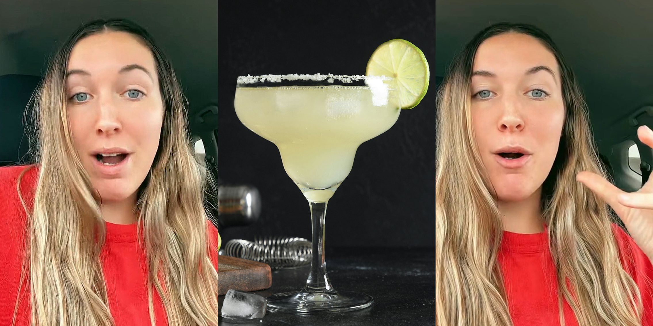 woman speaking in car (l) Margarita with lime wedge on black background (c) woman speaking in car hand up (r)
