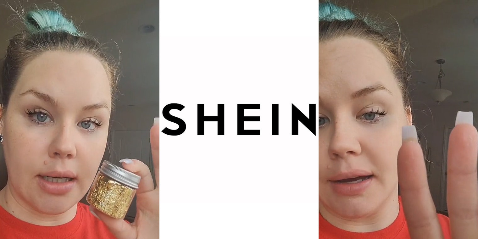 woman holding gold foil in plastic jar (l) SHEIN logo on white background (c) woman holding hand up close to screen finger peeling (r)