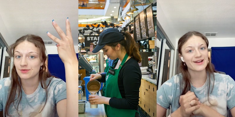 woman with hand up 3 fingers (l) Starbucks worker making coffee (c) woman hands together speaking (r)