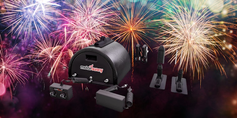 Motorbunny review featured image, an motor bunny and accessories in front of fireworks