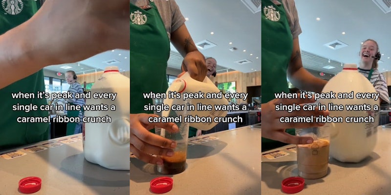 starbucks employee making drink with caption 'when it's peak and every single car in line wants a caramel ribbon crunch'