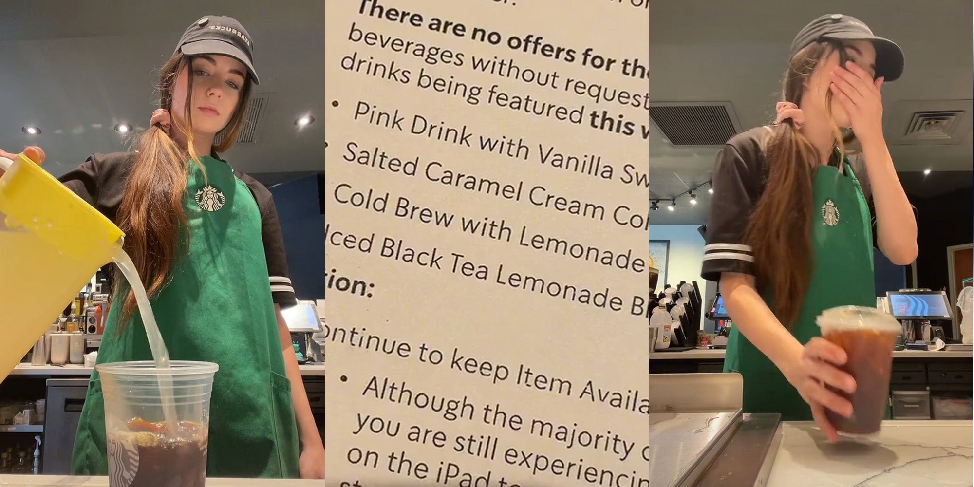 Starbucks barista pouring lemonade into cold brew (l) Starbucks drinks menu "Cold Brew with Lemonade" (c) Starbucks barista holding drink hand on mouth (r)