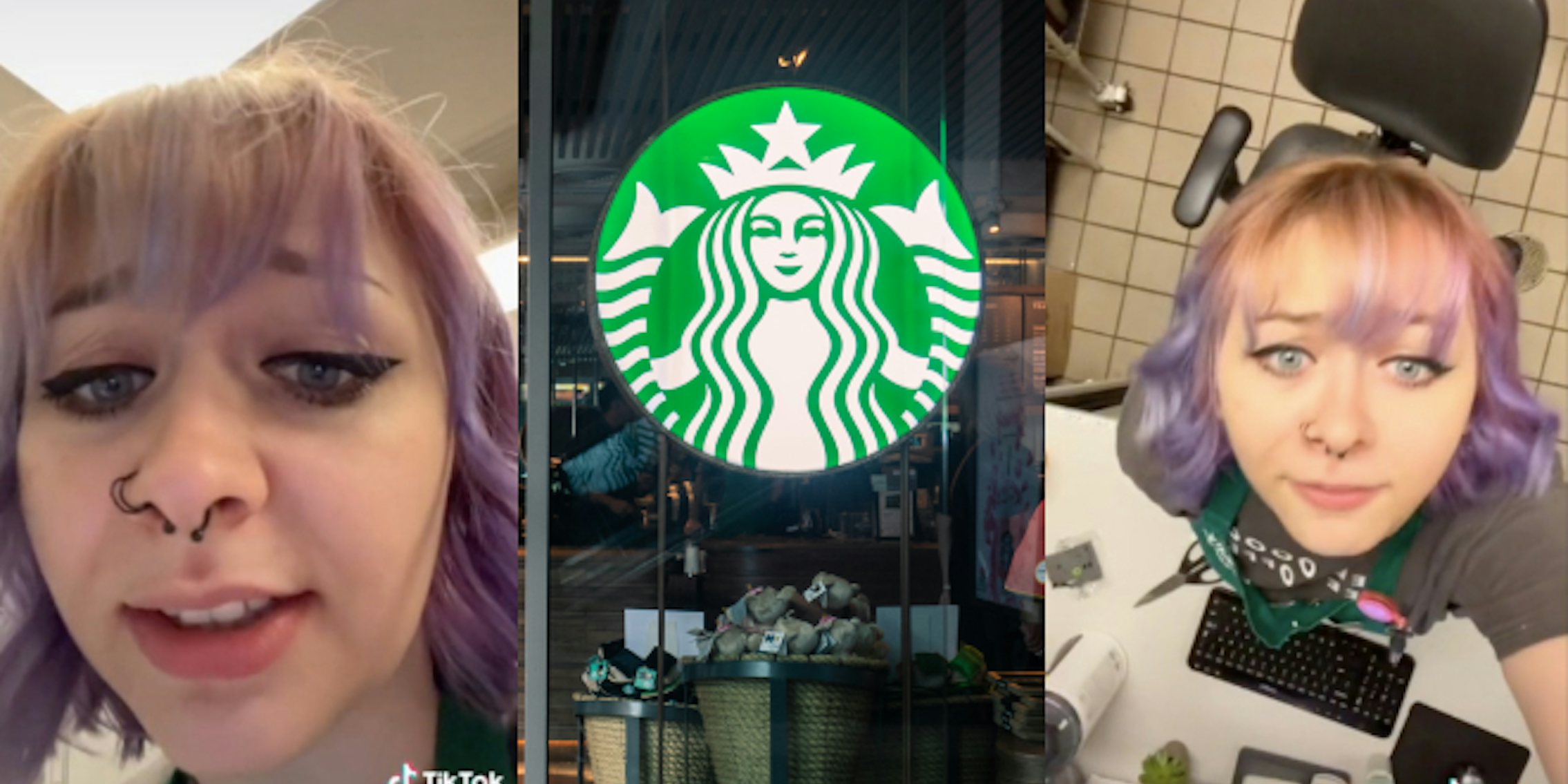 Starbucks employee (l) Starbucks sign in window (c) Starbucks employee (r)