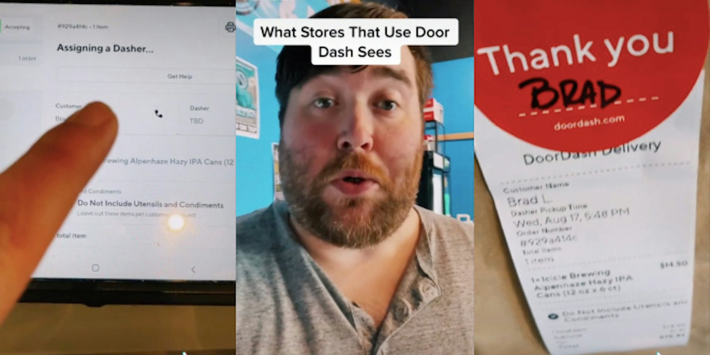 finger pointing to screen 'Assigning a Dasher...' (l) man speaking in front of blue walls caption 'What Stores That Use Door Dash Sees' (c) 'Thank you Brad' sticker on receipt on DoorDash bag (r)