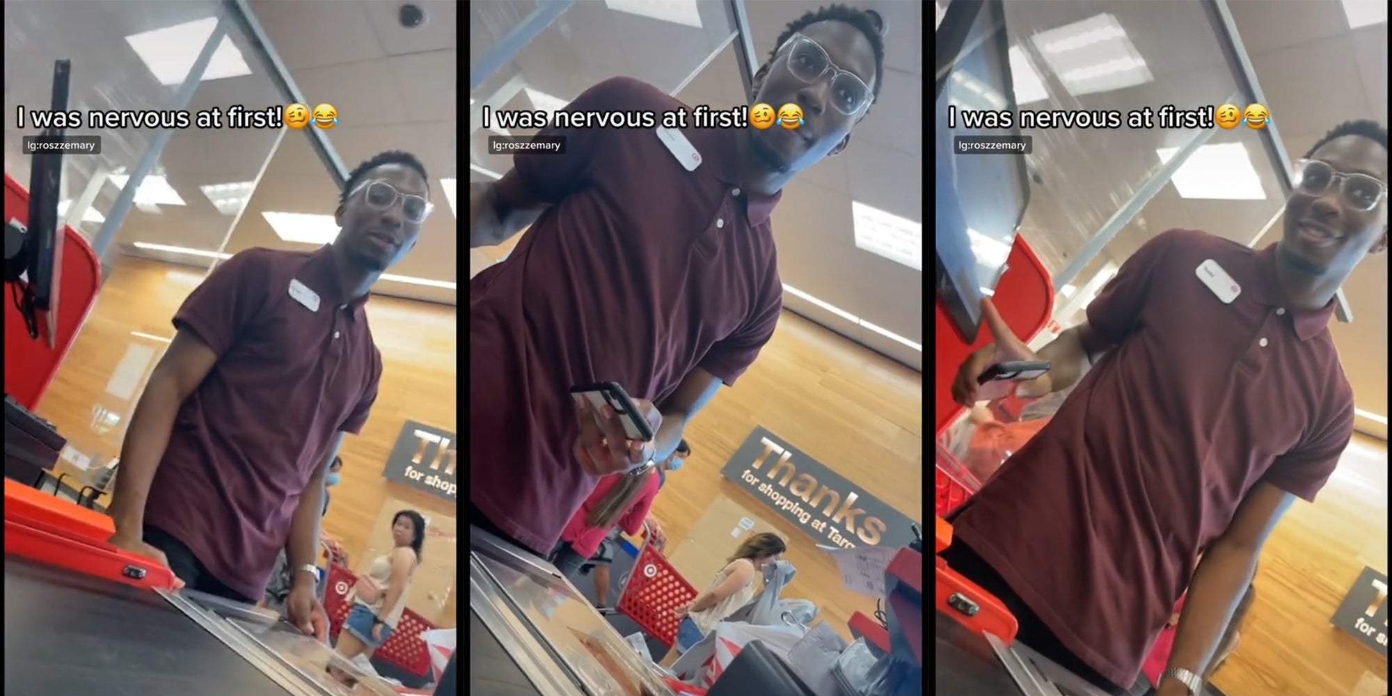 Target cashier interacting with customer with caption 'I was nervous at first!'