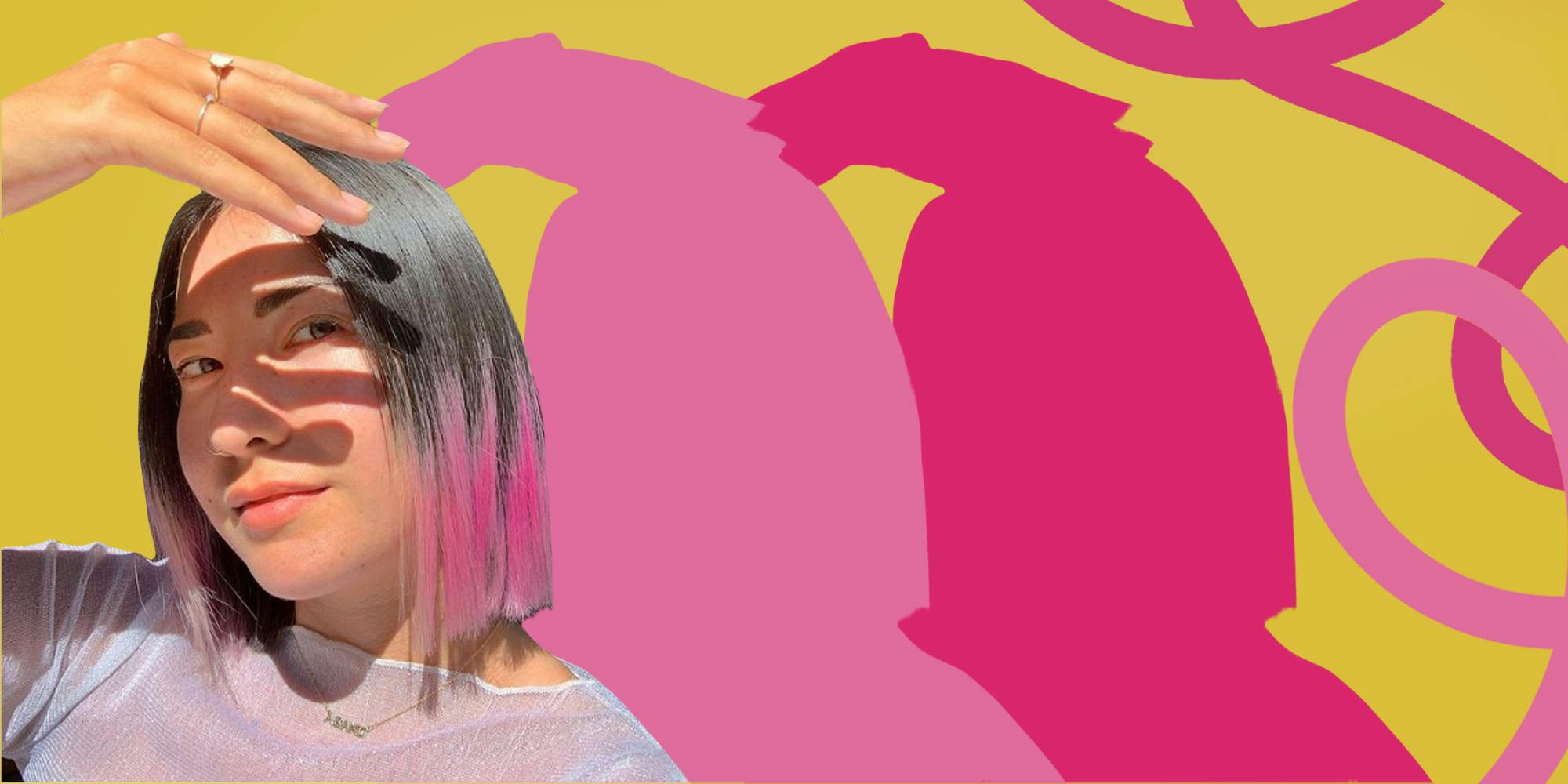 Tay Beep Boop on yellow background with pink swirls