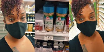 woman in store (l) garlic powder in store priced at 9.95 (c) woman walking in store (r)