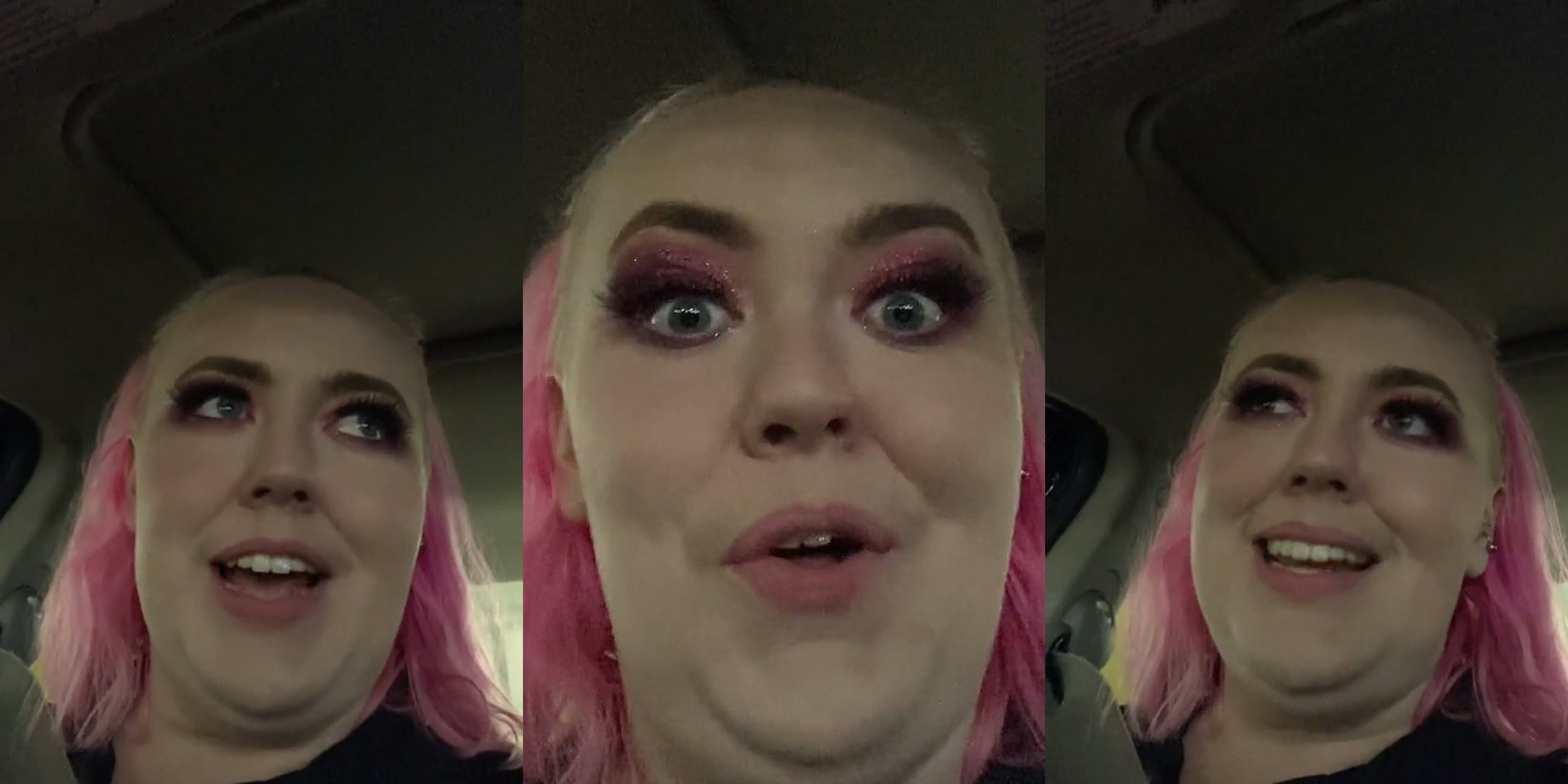 woman speaking in car looking right (l) woman speaking in car (c) woman speaking in car looking left (r)
