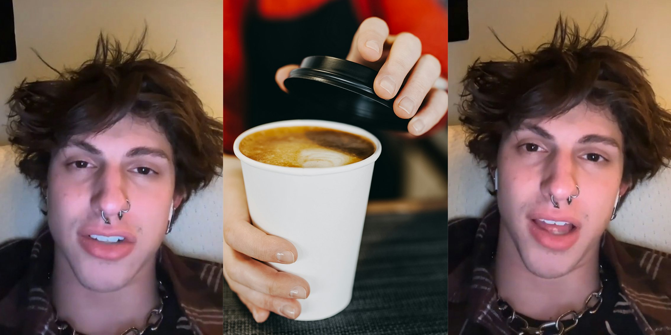 Young man with nose piercings (l&r) hands placing lid on coffee cup (c)