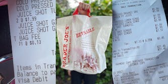 receipt with "T BAG FEE 71 @ $0.10" (l) hand holding Trader Joe's reusable bag (c) Trader Joe's receipt (r)