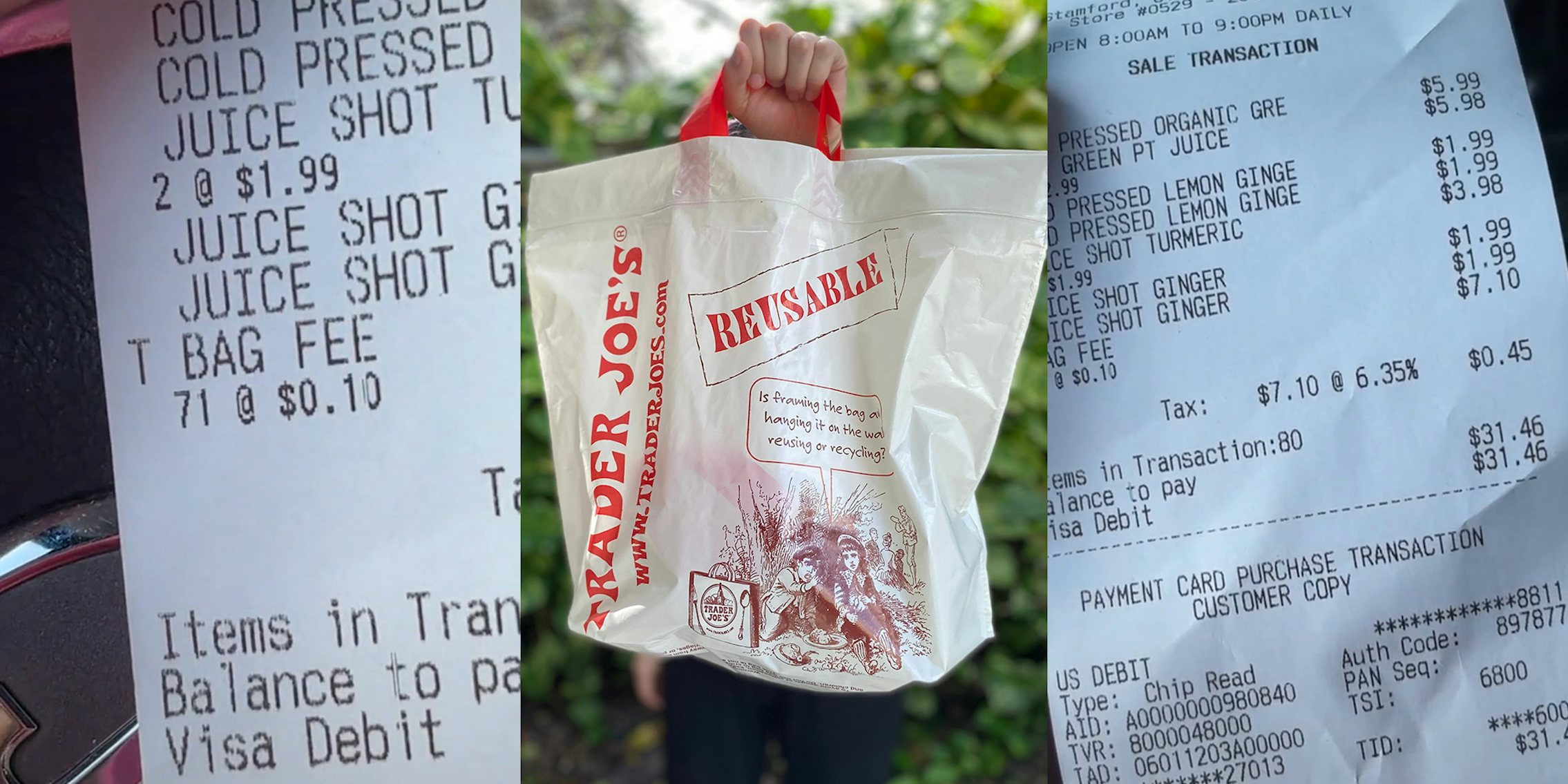 receipt with 'T BAG FEE 71 @ $0.10' (l) hand holding Trader Joe's reusable bag (c) Trader Joe's receipt (r)