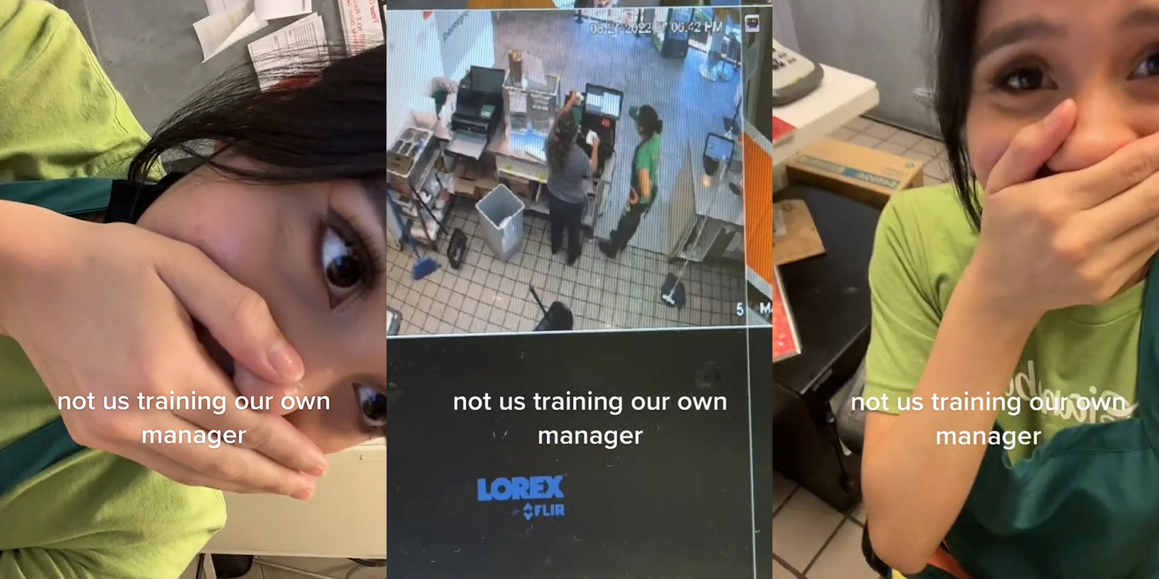 worker with hand on her mouth caption 'not us training our own manager' (l) security camera footage of worker helping manager with computer screen caption 'not us training our own manager' (c) worker with hand on her mouth caption 'not us training our own manager' (r)