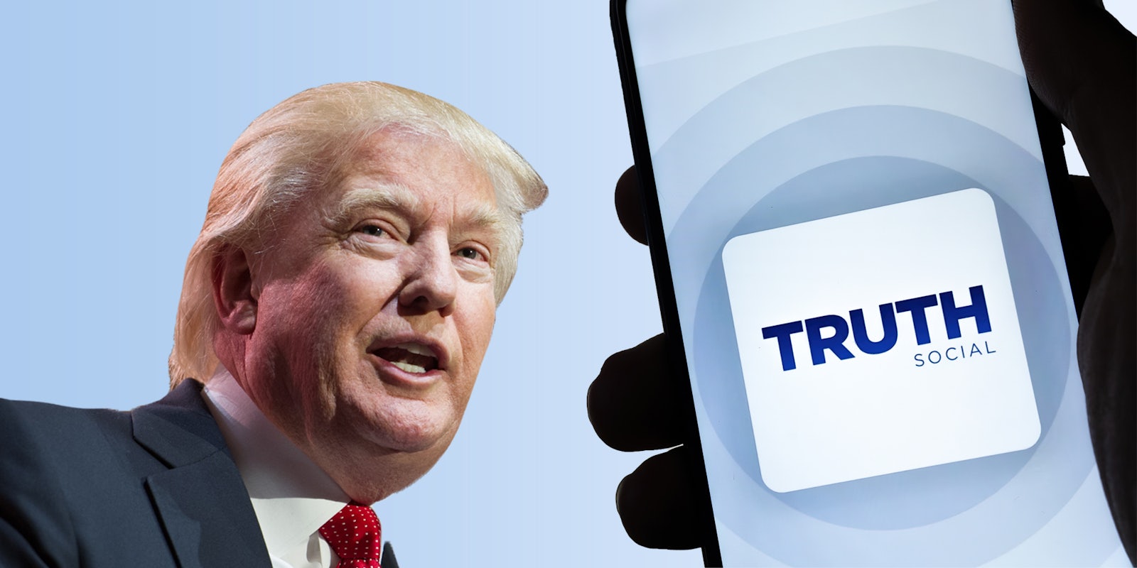 Donald Trump on left on light blue background with silhouette of hand holding phone with TRUTH social app on screen on right