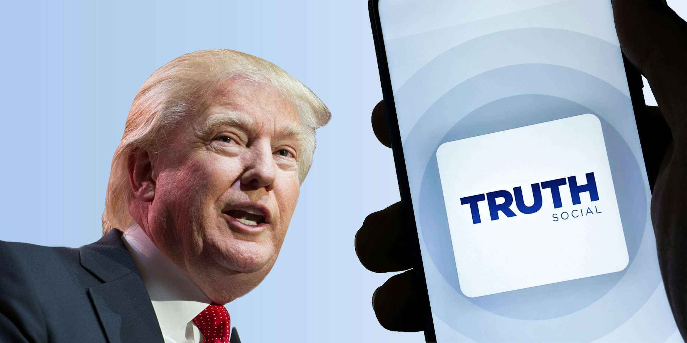 Donald Trump on left on light blue background with silhouette of hand holding phone with TRUTH social app on screen on right