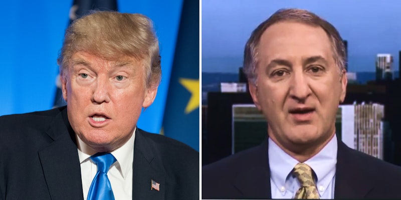 Donald Trump speaking on blue background (l) Bruce Reinhart speaking on city background (r)