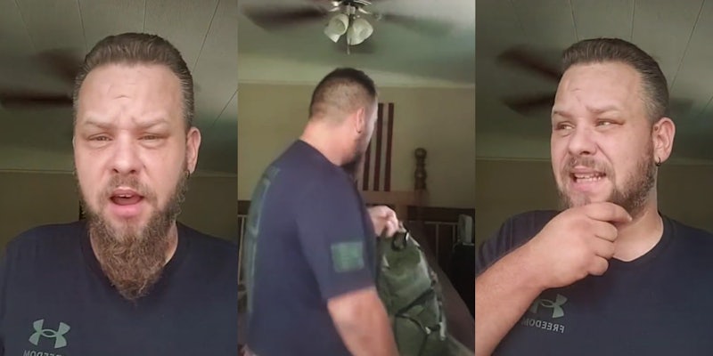 man speaking (l) man holding military bag putting it down (c) man speaking touching beard (r)