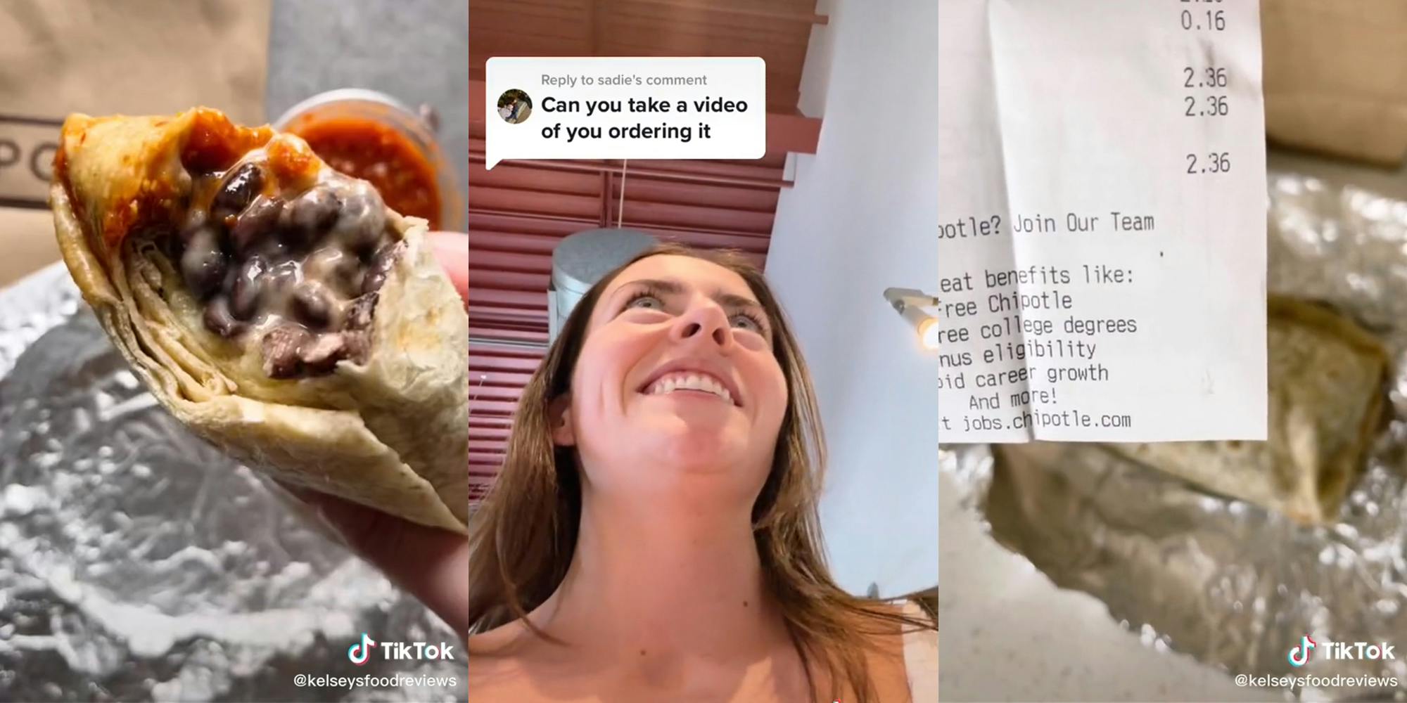 burrito with a bite taken out (l) woman smiling with caption "Can you take a video of you ordering it" (c) receipt showing 2.36 (r)