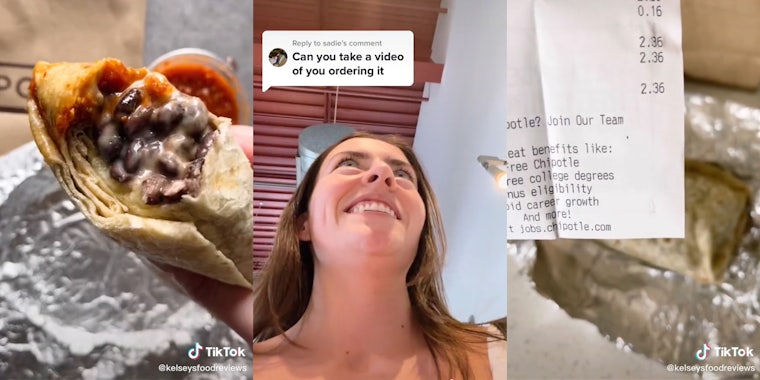 burrito with a bite taken out (l) woman smiling with caption 'Can you take a video of you ordering it' (c) receipt showing 2.36 (r)