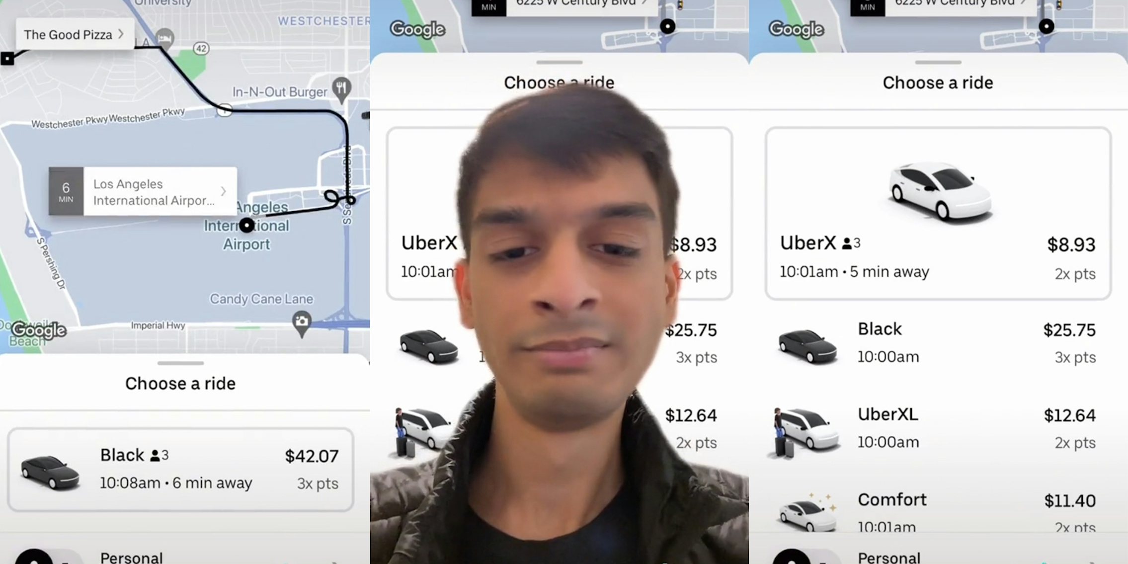 Uber screen with $42.07 option (l) man in front of Uber selection screen (c) Uber screen with $8.93 option (r)