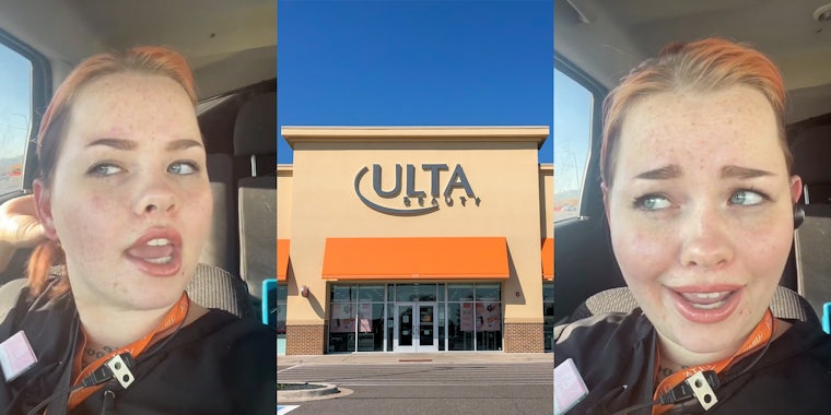 Ulta employee speaking in car (l) Ulta Beauty store with sign (c) Ulta employee speaking in car (r)