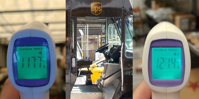 thermometer showing 117.7 surface temperature inside UPS truck (l) UPS truck door (c) thermometer showing 121.4 surface temperature of inside UPS truck (r)