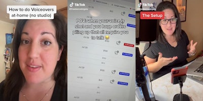 woman with caption 'how to do voiceovers at-home (no studio)' (l) order page with caption 'POV: when your voice is shot and you have orders piling up that all require you to talk, sob emoji' (c) woman speaking to phone on stand with caption 'The Setup' (r)