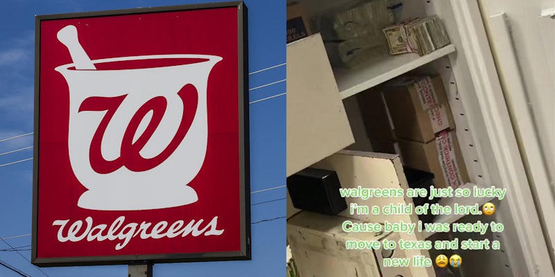 walgreen's sign (l) open safe with cash and caption 'walgreens are just so lucky I'm a child of the lord. cause baby I was ready to move to texas and start a new life' (r)