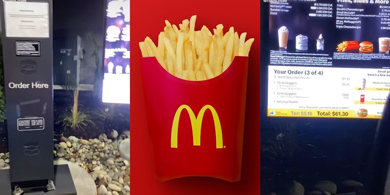 McDonald's drive thru (l&r) McDonald's fries (c)