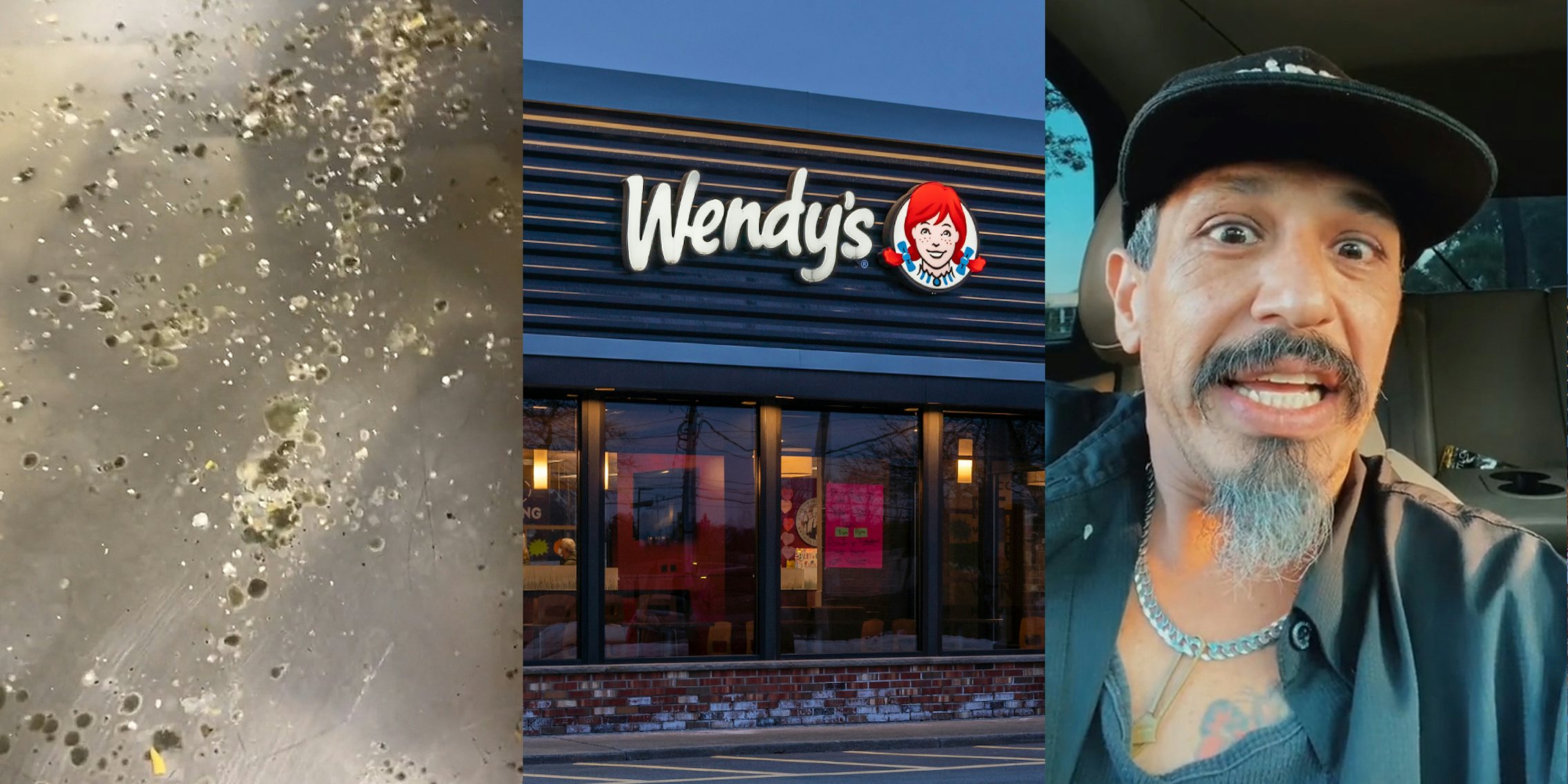 Wendy's cooktop coated in mold (l) Wendy's restaurant with sign (c) man speaking in car (r)