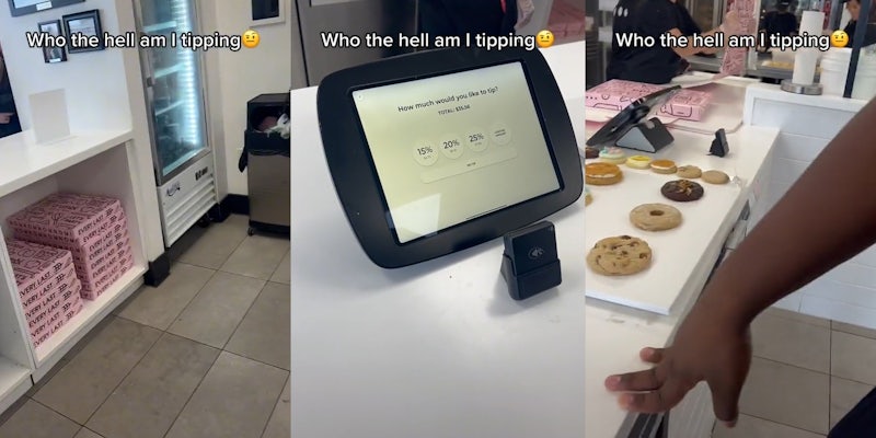 store interior (l) tablet with tip screen (c) hand on counter with cookies in background (r) all with caption 'Who the hell am I tipping'