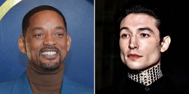Will Smith in blue jacket on blue background (l) Ezra Miller in black shirt on black background (r)