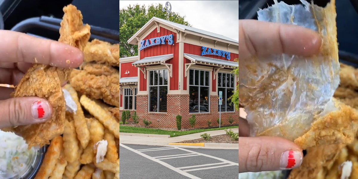 Zaxby's fried chicken in hand (l) Zaxby's restaurant with sign (c) Zaxby's fried chicken open (r)
