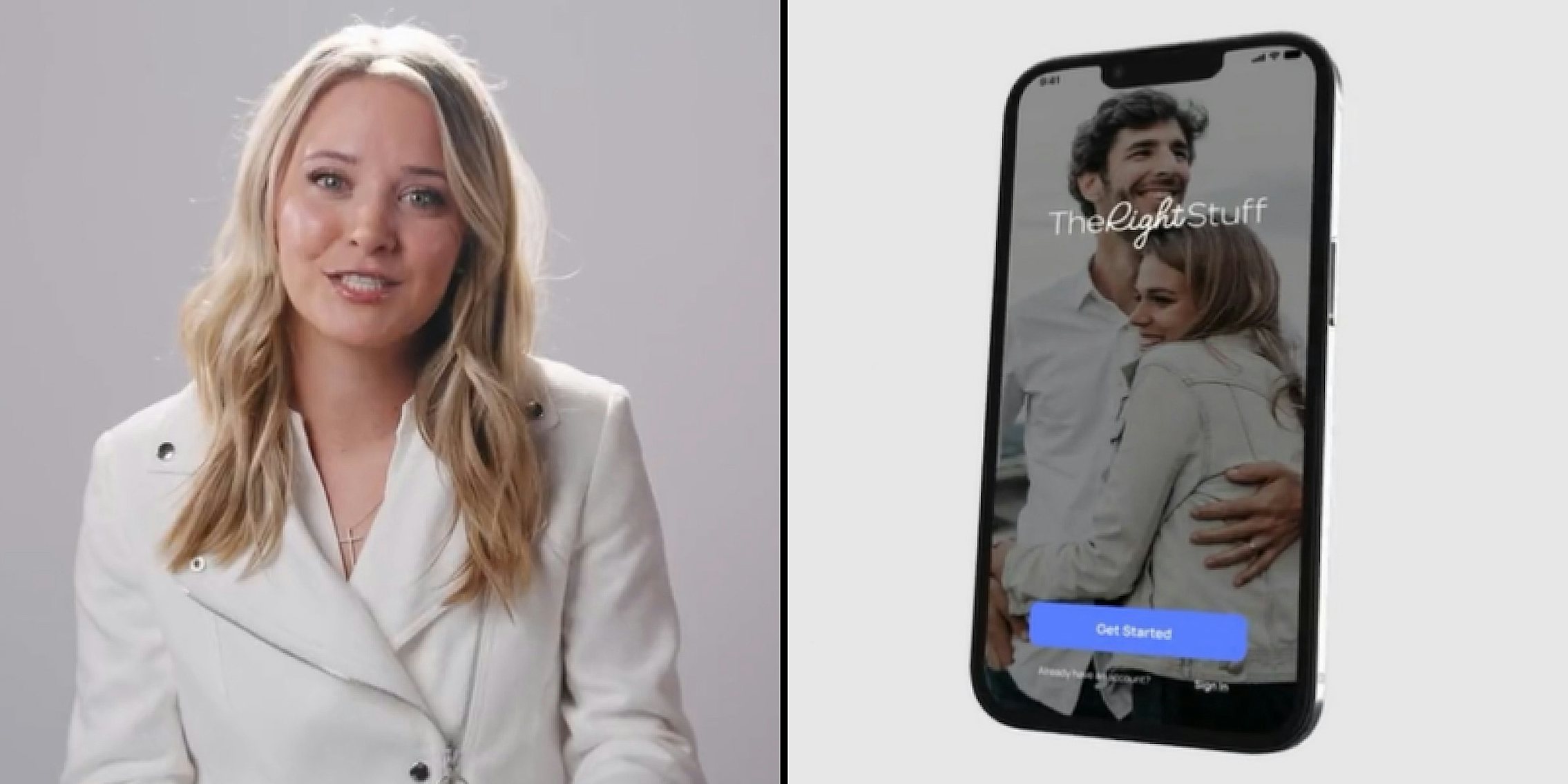 Ryann McEnany speaking on grey background (l) TheRightStuff dating app on phone on light grey background (r)