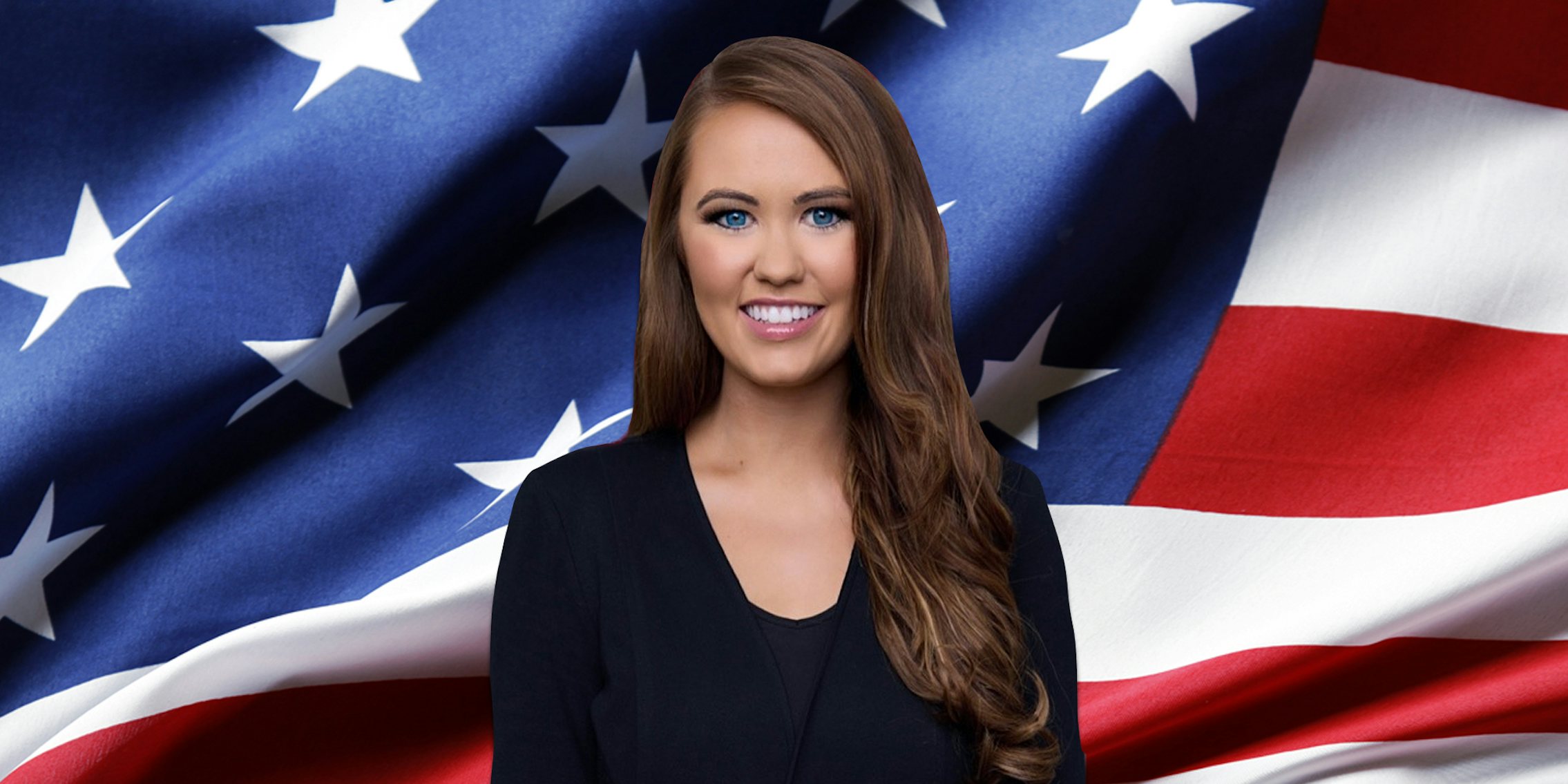 Cara Mund smiling in front of American Flag
