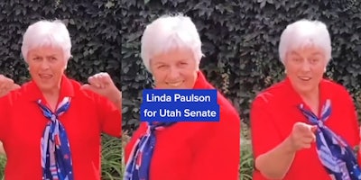 Linda Paulson outside hands pointing to herself (l) Linda Paulson outside dancing with caption 'Linda Paulson for Utah State' (c) Linda Paulson outside pointing finger towards camera (r)