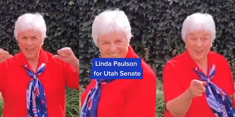 Linda Paulson outside hands pointing to herself (l) Linda Paulson outside dancing with caption 'Linda Paulson for Utah State' (c) Linda Paulson outside pointing finger towards camera (r)