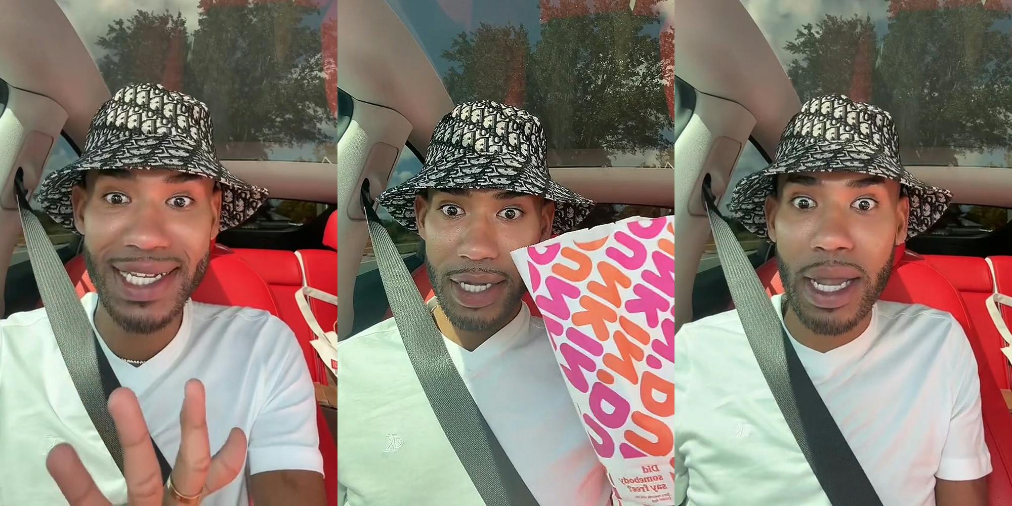 Man speaking in car hand out (l) man speaking in car holding Dunkin' bag (c) man speaking in car (r)