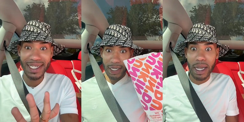 Man speaking in car hand out (l) man speaking in car holding Dunkin' bag (c) man speaking in car (r)