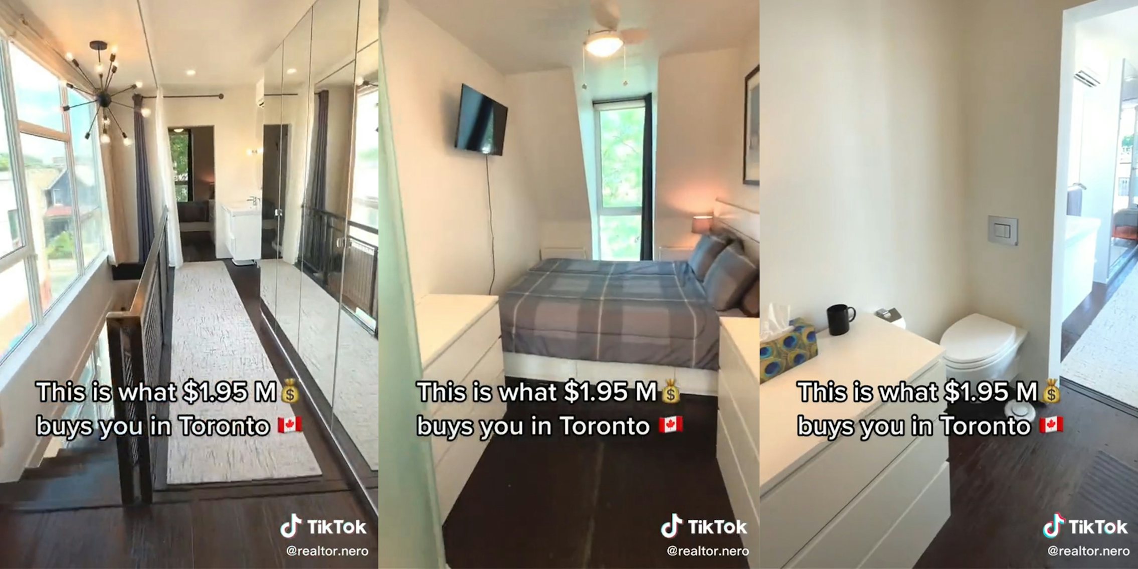 small apartment with toilet in bedroom and caption 'This is what $1.95 M buys you in Toronto'