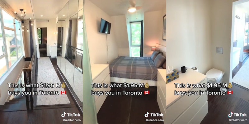 small apartment with toilet in bedroom and caption 'This is what $1.95 M buys you in Toronto'