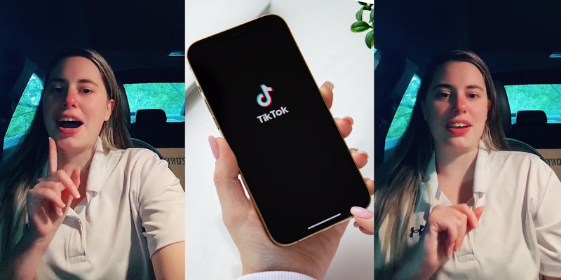 woman speaking in car with finger up (l) woman holding phone with TikTok logo on black screen in front of white surface (c) woman speaking in car with hand up (r)