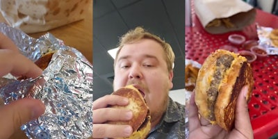 hand peeling bac aluminum foil wrapper on burger (l) man eating 5 Guys grilled cheese burger (c) hand holding up 5 Guys grilled cheese burger (r)