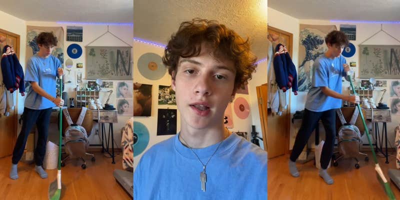 man standing in room holding broom (l) man speaking in room (c) man sweeping with broom in room (r)