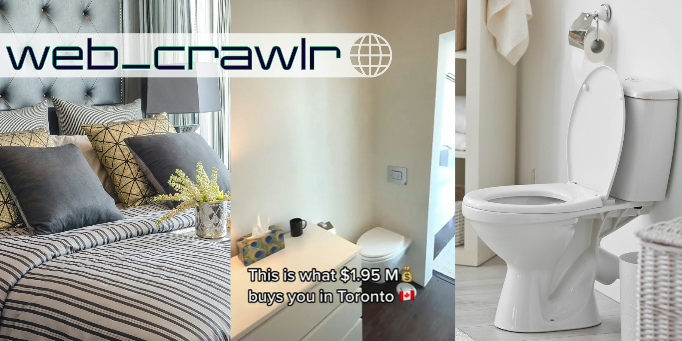 Three panels showing a bed (l), a screenshot from a TikTok showing a toilet in a bedroom (middle), and a toilet (r). The Daily Dot newsletter web_crawlr logo is in the top left corner.