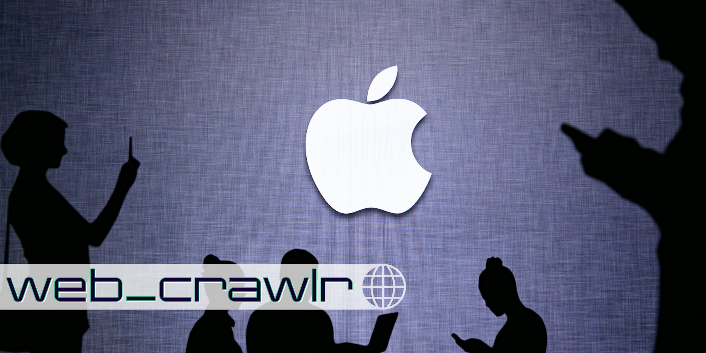 People in shadows holding phones and laptops with the Apple logo in the background. The Daily Dot newsletter web_crawlr logo is in the bottom left corner.