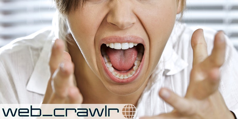 A close up of a woman's mouth who is shouting. The Daily Dot newsletter web_crawlr logo is in the bottom left corner.