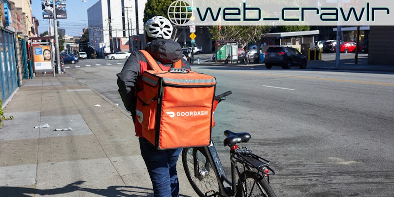 A DoorDash delivery worker next to a bike. The Daily Dot newsletter web_crawlr logo is in the top right corner.