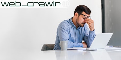 A frustrated man in front of a laptop. The Daily Dot newsletter web_crawlr logo is in the top left corner.