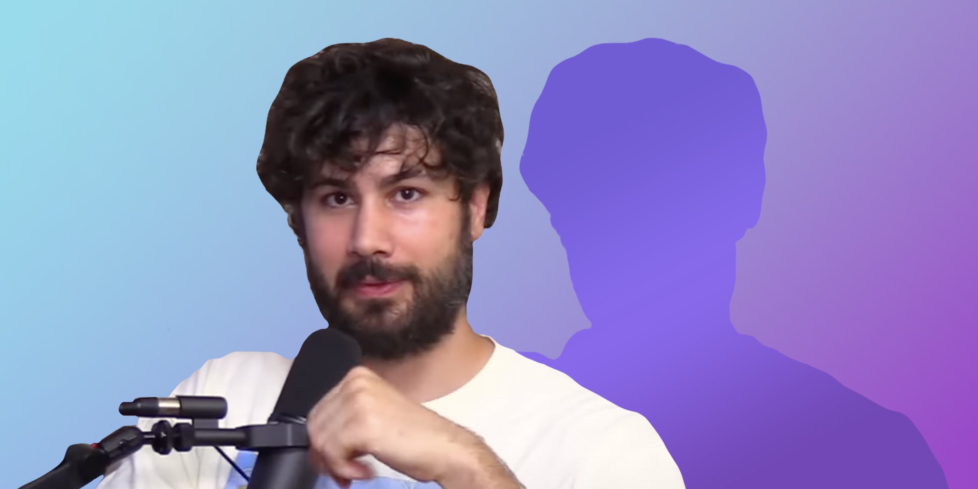 Def Noodles speaking into microphone on blue to purple gradient background Passionfruit Remix